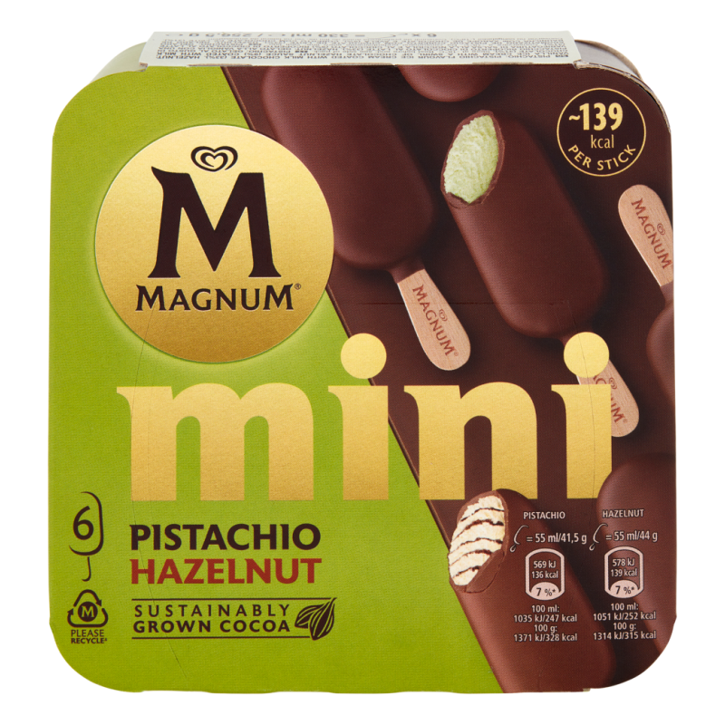 Magnum mini pálcikás jégkrém 6x55 ml pisztáciás, kakaós-mogyoró