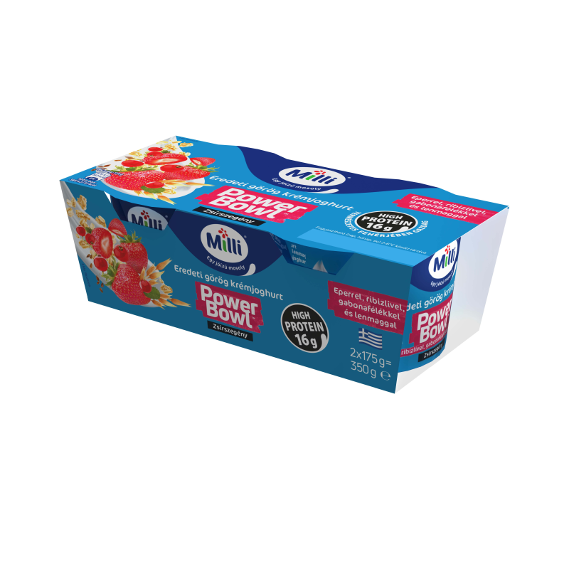 Milli Power Bowl eredeti görög joghurt 2x175 g eperrel, ribizlivel, gabonafélékkel és lenmaggal
